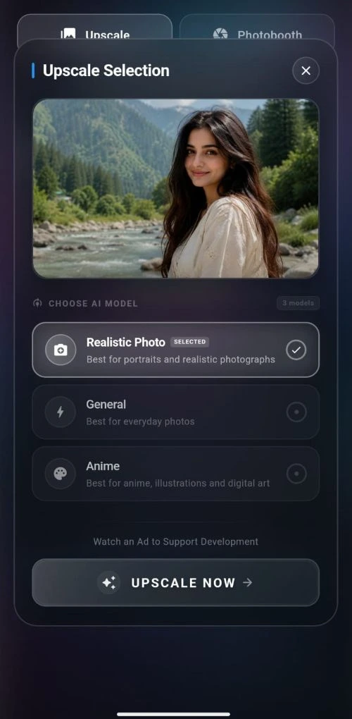 AI Photo Enhancer liides, mis näitab ühe puudutusega täiustamisvalikuid
